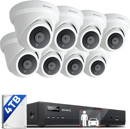 Onwote - Sistema de cámara de seguridad NVR PoE 4K, NVR comercial de 16 canales 6K 12MP 4TB, 8X cámaras IP al aire libre con cable de 8MP 134° con