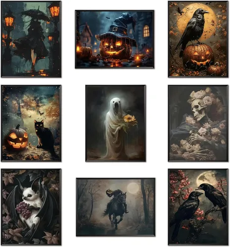 ARKZSHO Juego de 9 impresiones en lienzo para pared de Halloween, pintura oscura de academia, pintura estética gótica espeluznante para galería,