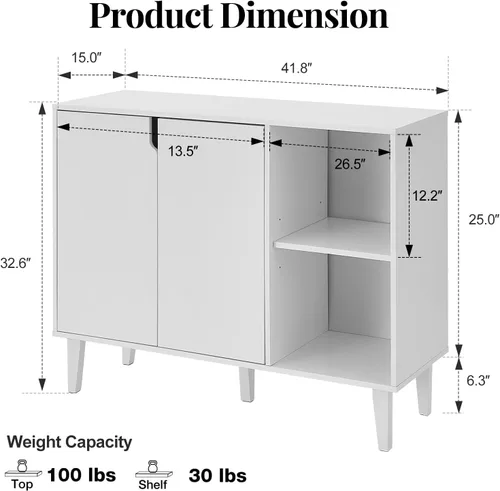 Miniatura 3 de Panana Aparador de almacenamiento para armario de cocina con 2 puertas, 2 estantes, 41.8 pulgadas de largo x 15 pulgadas de ancho x 32.5 pulgadas