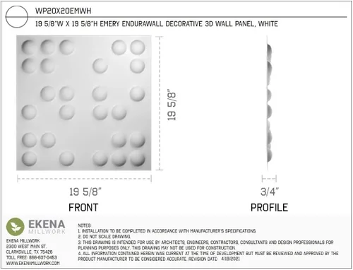 Miniatura 2 de Ekena Millwork WP20X20EMWH 19 5/8 pulgadas de ancho x 19 5/8 pulgadas de alto Emery EnduraWall Decorativo 3D Panel de pared cubre 2.67 pies cuadrados