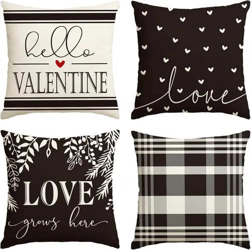 AVOIN colorlife Juego de 4 fundas de almohada de amor en blanco y negro para el día de San Valentín, 20 x 20 pulgadas, diseño a cuadros de Hello