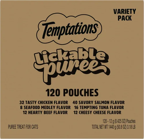 Miniatura 12 de Temptations Paquete variado de puré cremoso de golosinas para gatos lamibles, tubos de 0.42 onzas, 48