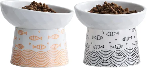 Juego de 2 cuencos elevados de cerámica inclinados para gatos y perros pequeños, platos elevados de porcelana para alimentación sin estrés para