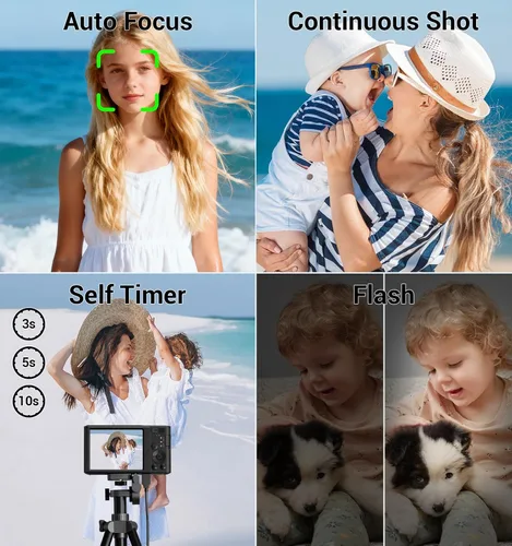 Miniatura 6 de Cámara digital 4K, cámara digital compacta digital de enfoque automático, zoom digital de 16X, cámara de viaje mejorada con tarjeta SD de 64 GB, 2