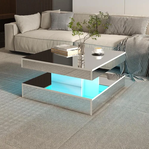 Miniatura 18 de HedoAjim Mesa de centro LED negra para sala de estar, mesa de sala de estar, mesas centrales cuadradas de 2 niveles, mesas de centro de madera