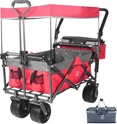 Carro plegable con toldo extraíble y bolsa enfriadora, carrito plegable resistente con ruedas todo terreno de 4 pulgadas para campamento, playa, Rojo