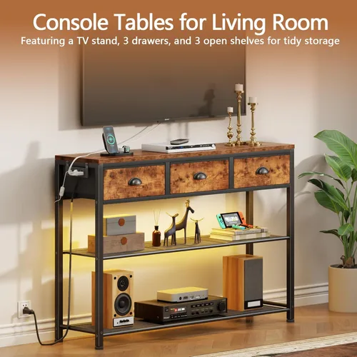 Miniatura 5 de Furologee - Mesa de consola con estación de carga y 3 cajones de tela, mesa de entrada de 38 pulgadas con estantes de almacenamiento y luz LED