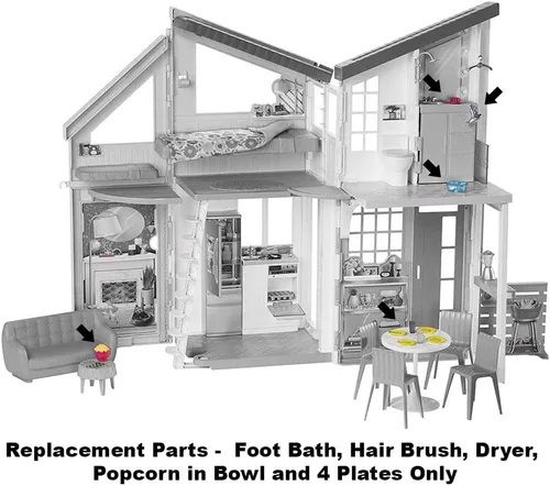 Miniatura 4 de Mattel Baño de pies de repuesto tamaño Barbie, cepillo y secador de pelo, palomitas de maíz en tazón y 4 platos para juego de casa de muñecas Barbie