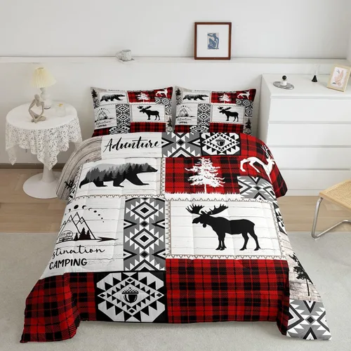 Miniatura 30 de Juego de edredón de cuernos de ciervo tamaño individual, juego de ropa de cama rústica de granja con huellas de oso y pinos para decoración