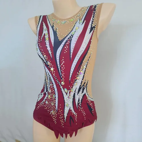 Miniatura 4 de LIUHUO Leotardo de gimnasia rítmica con patrón de diamantes rojos para niñas, sin mangas, rendimiento de competición