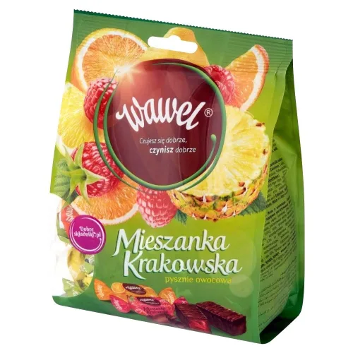 Bolsa de surtido de caramelos de gelatina cubiertos de chocolate Wawel Mieszanka Krakowska - Sabor a limón, naranja, piña y frambuesa 245g / 8.64 oz