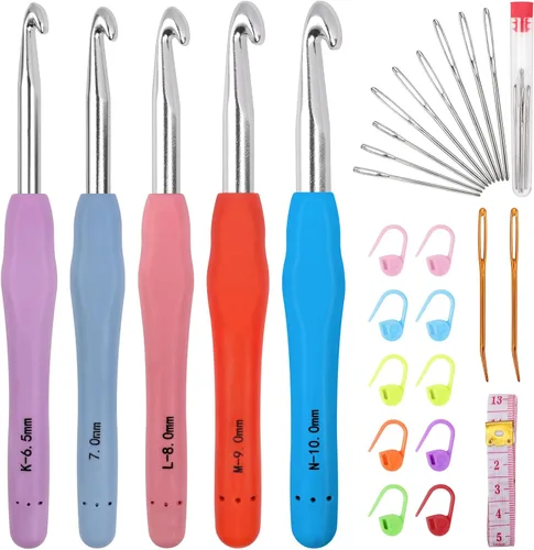 Ganchos de ganchillo grandes de 5 tamaños, juego de 29 agujas de hilo para principiantes, agujas de tejer con asas ergonómicas para manos