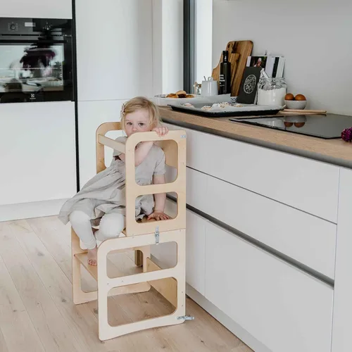 Miniatura 6 de Torre de cocina Montessori y taburete de observación para niños, mesa y silla plegable, torre de observación de cocina (color lacado/madera)