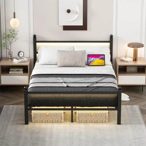 Miniatura 8 de Jenmit - Estructura de cama de tamaño completo con estación de carga y luces LED, estructura de cama de plataforma metálica con cabecera y pie