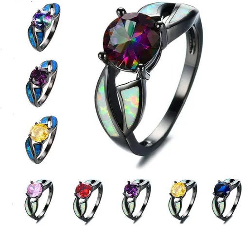 Anillo de lujo para mujer, de ópalo de fuego, color blanco, azul, vintage, color negro, dorado, anillos de compromiso de arco iris para mujer