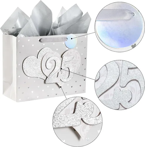 Miniatura 4 de LeZakaa Bolsa de aniversario de boda de 13 pulgadas con papel de seda, etiqueta y tarjeta de felicitación, bolsa de regalo con purpurina dorada