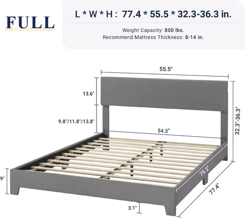 Miniatura 2 de Base de cama Allewie de tamaño matrimonial con cabecera ajustable, cama tapizada con plataforma y listones de madera, base de colchón resistente,