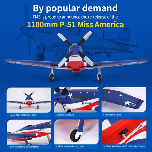 Miniatura 4 de Fms Avión a control remoto para adultos, avión de control remoto de 43.307 in P-51 MA Mustang sin reflejo V2 Hobby Rc aviones 6 canales PNP