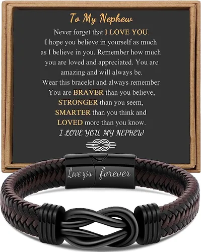 Pulsera con símbolo de infinito para hombres, regalo para papá, marido, novio, hijo, nieto, marrón, cuero trenzado, acero inoxidable grabado con