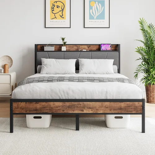 Miniatura 11 de BOFENG Base de cama Queen con cabecero, base de cama tapizada de metal con estación de carga, marco de cama tamaño Queen con almacenamiento,