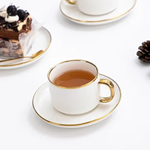 Miniatura 7 de Agyiuns Tazas de té y platillos con borde dorado, juego de té de porcelana blanca de 6.76 onzas y tazas de café para latte, café moca, juego de té