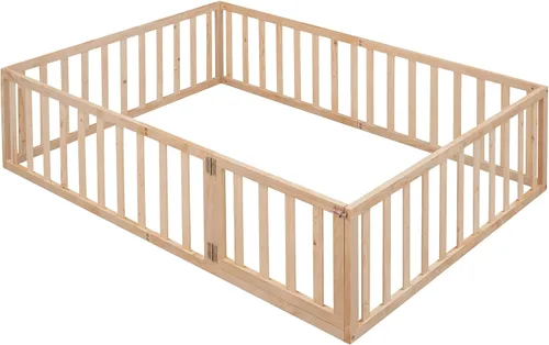 Miniatura 6 de Cama de plataforma de tamaño matrimonial con valla, marco de cama de piso de madera maciza con puerta, marco de sofá cama de tamaño matrimonial