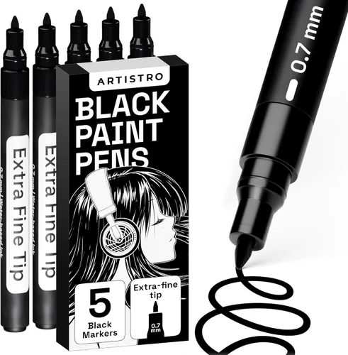 Miniatura 14 de ARTISTRO – 5 rotuladores de pintura acrílica negros a base de agua para marcado de vidrio, pintura en roca, cerámica, madera, llanta, tela, metal