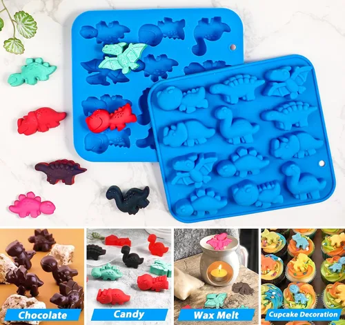 Miniatura 7 de Webake Moldes de silicona para caramelos de dinosaurio de 12 cavidades con forma de T-rex, Stegosaurus, triceratops, ideal para dulces, chocolate