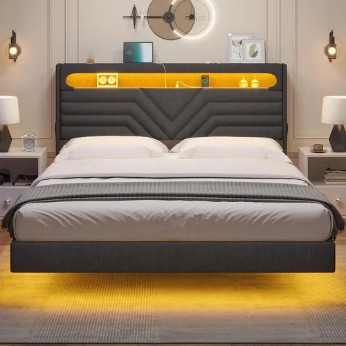 Miniatura 7 de HAUOMS Marco de Cama Completamente Flotante Tamaño Full con Cabecera de Luz LED, Estación de Carga Type-C y USB, Marco de Cama Plataforma Tapizada