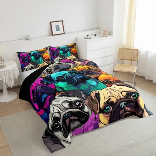 Miniatura 5 de Juego de edredón con diseño de Pug encantador, juego de cama con dibujos de perros Pug coloridos para niños y niñas, edredón de plumón con 1 edredón
