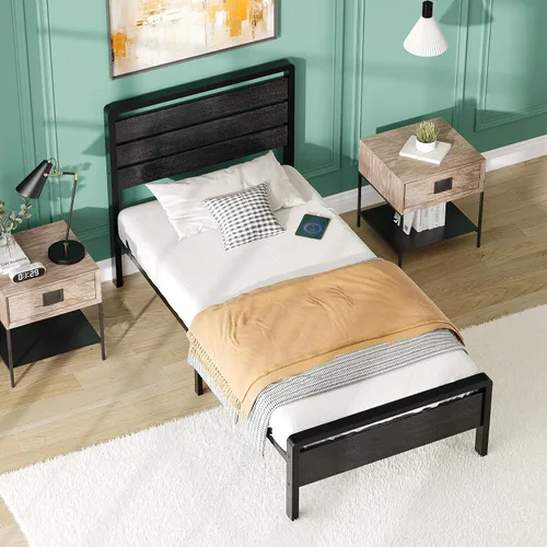 Miniatura 9 de VINGLI Base de cama de plataforma individual con cabecero y estribo LED, estación de carga USB, cama de panel de metal con espacio de almacenamiento