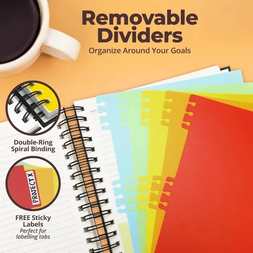 Miniatura 4 de Cuaderno de espiral encuadernado en cuero de tapa dura de 8x10 pulgadas con divisores removibles - Negro - 300 páginas Cuaderno de 5 asignaturas