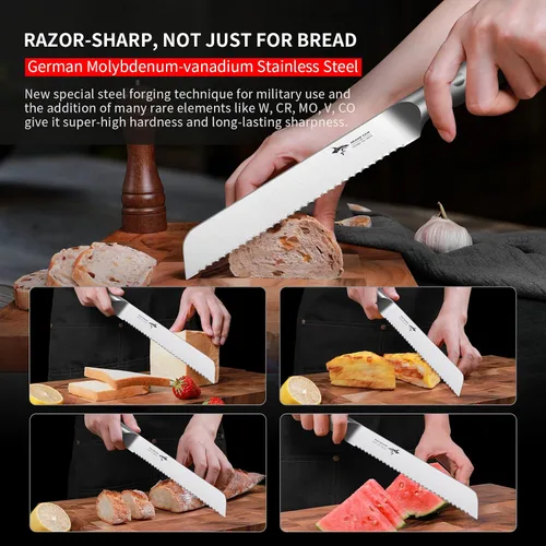 Miniatura 3 de MAD SHARK Cuchillo de pan de 8 pulgadas, hoja afilada de acero alemán de molibdeno y vanadio, cuchillo de pan dentado profesional para pan casero