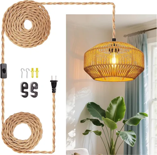 Miniatura 11 de Lámpara colgante de techo de ratán con cable de enchufe para sala de estar, dormitorio, cocina, interior, lámpara colgante enchufable con pantalla