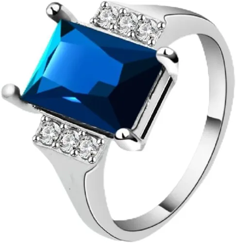 Yuren Anillo de plata de ley 925 con cristal de zafiro azul para mujer, chapado en oro blanco de 10 quilates con topacio de boda y piedras preciosas