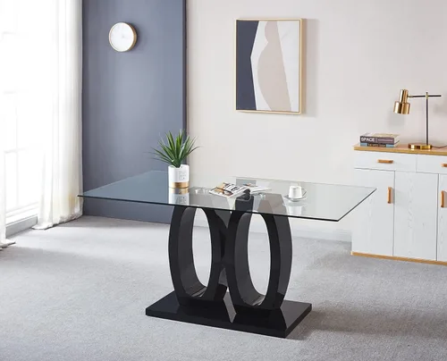 Miniatura 5 de Mesa de comedor rectangular moderna de vidrio, mesa de cocina de vidrio con parte superior de vidrio templado transparente y pedestal de base doble
