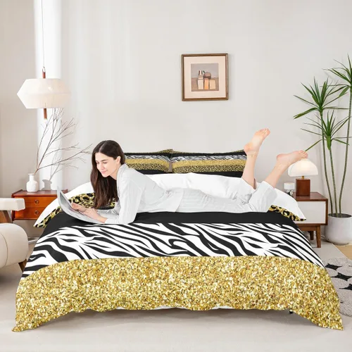 Miniatura 33 de Juego de funda de edredón para niños, tamaño individual, diseño de cebra y leopardo con purpurina, decoración de habitación para niñas y mujeres