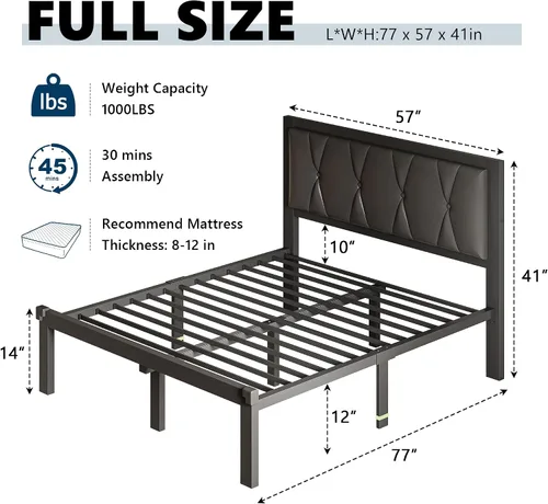 Miniatura 2 de GalnFu Base de cama de tamaño matrimonial con cabecera capitoné con botones, plataforma tapizada de piel sintética, marco de cama de metal