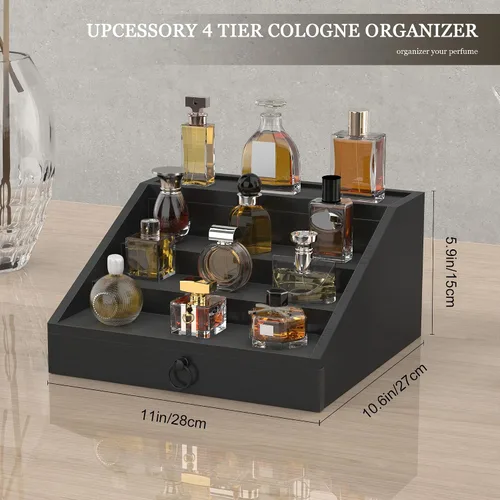 Miniatura 5 de upcessory Organizador de colonia de madera para hombres, estante mejorado de colonia de 4 niveles, organizador de perfumes con cajón forrado
