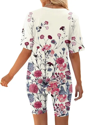Miniatura 3 de 2 Piece Outfits for Women Dressy Short Sleeve T-Shirt Tops and Bottom Set High Waisted Floral Print Travel Outfits for Women