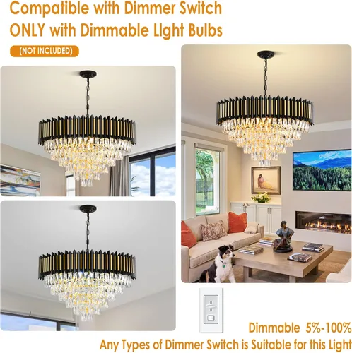 Miniatura 9 de Candelabro moderno de cristal negro y dorado de 15 luces para comedor, sala de estar, redondo, 6 niveles, contemporáneo, colgante de techo, lámpara