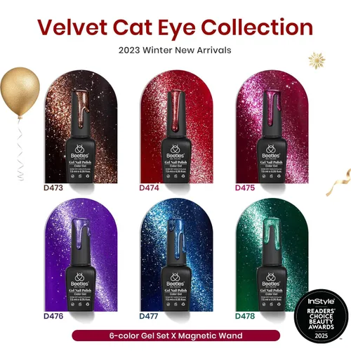 Miniatura 2 de Beetles - Juego de 6 esmaltes de uñas en gel con diseño de ojo de gato, con purpurina, color rojo, marrón, burdeos, morado, azul, verde, efecto