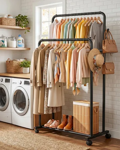 Miniatura 9 de Delamu Perchero de doble barra para colgar ropa con ruedas rodantes, ganchos, perchero de metal, perchero portátil con estantes para dormitorio