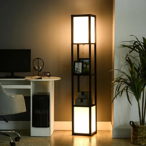 Miniatura 2 de HOMCOM Lámpara de pie moderna con estantes e iluminación ambiental doble, lámpara de pie alta para sala de estar, dormitorio con pantalla de tela