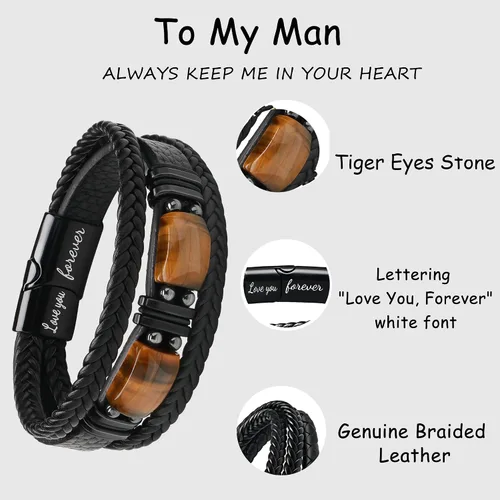 Miniatura 4 de Pulseras de cuero de ojo de tigre para hijo, marido, nieto, novio a mi hombre, joyería para hermano papá, 7.58.59 pulgadas