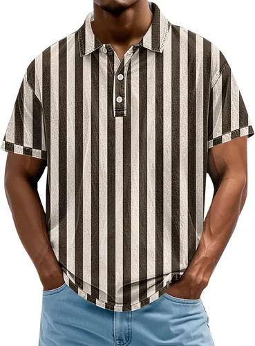 Miniatura 7 de Camisa polo de manga corta para hombre, camiseta de golf a rayas, de manga corta, para vacaciones, casual, cuello en V, camiseta de verano con Rojo