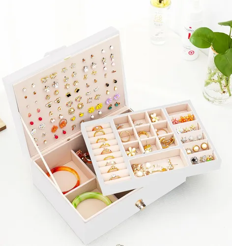Miniatura 18 de Joyero de pendientes para mujeres y niñas, organizador de aretes de 5 capas, caja organizadora de joyas blanca con candado, collares y aretes