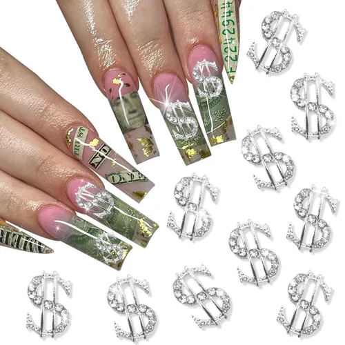 RODAKY 10 dijes de uñas de dólares plateados 3D, dijes brillantes para uñas, joyas de uñas de lujo, diamantes de imitación para uñas acrílicas,
