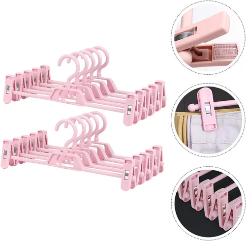 Miniatura 9 de DOITOOL Paquete de 10 perchas antideslizantes rosas para pantalones con clips ajustables, clips de plástico retráctiles para el hogar
