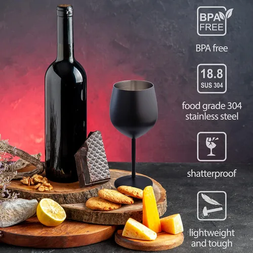 Miniatura 2 de Juego de 4 vasos de acero inoxidable, colección negro y plateado, vasos irrompibles de 18 onzas con tapón de vino, vasos de metal portátiles